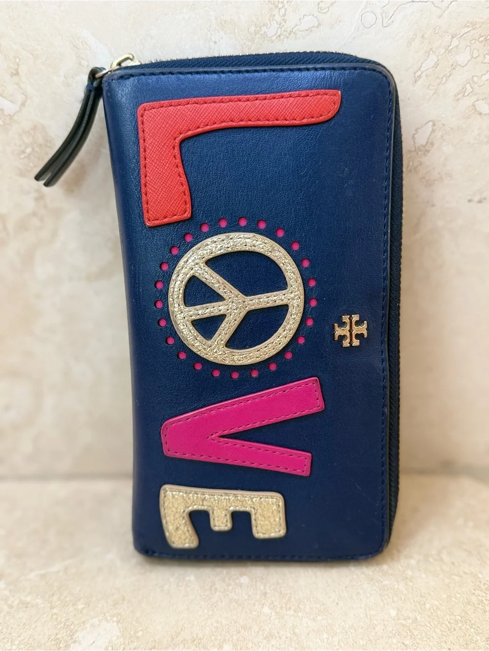 Tory Burch Retro Peace Love Leather Continental Long Zip Wallet Navy